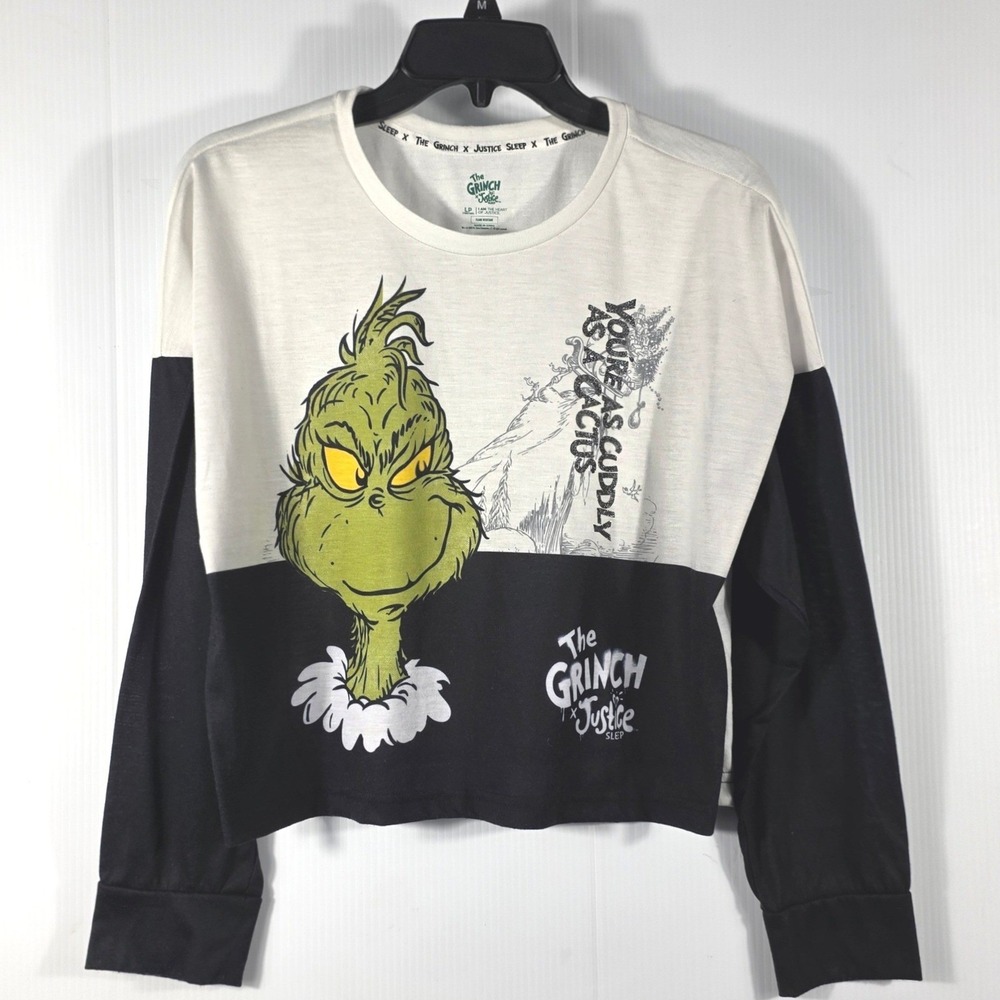 Justice Sleep The Grinch Long Sleeve Pajama Top White Black Girls Large Plus 12P - Picture 4 of 9
